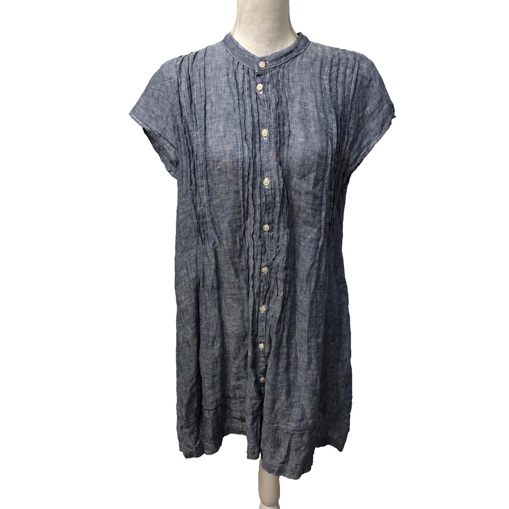 CP Shades Linen Shift Dress Womens Medium Blue Button Cap Sleeve Boho Lagenlook